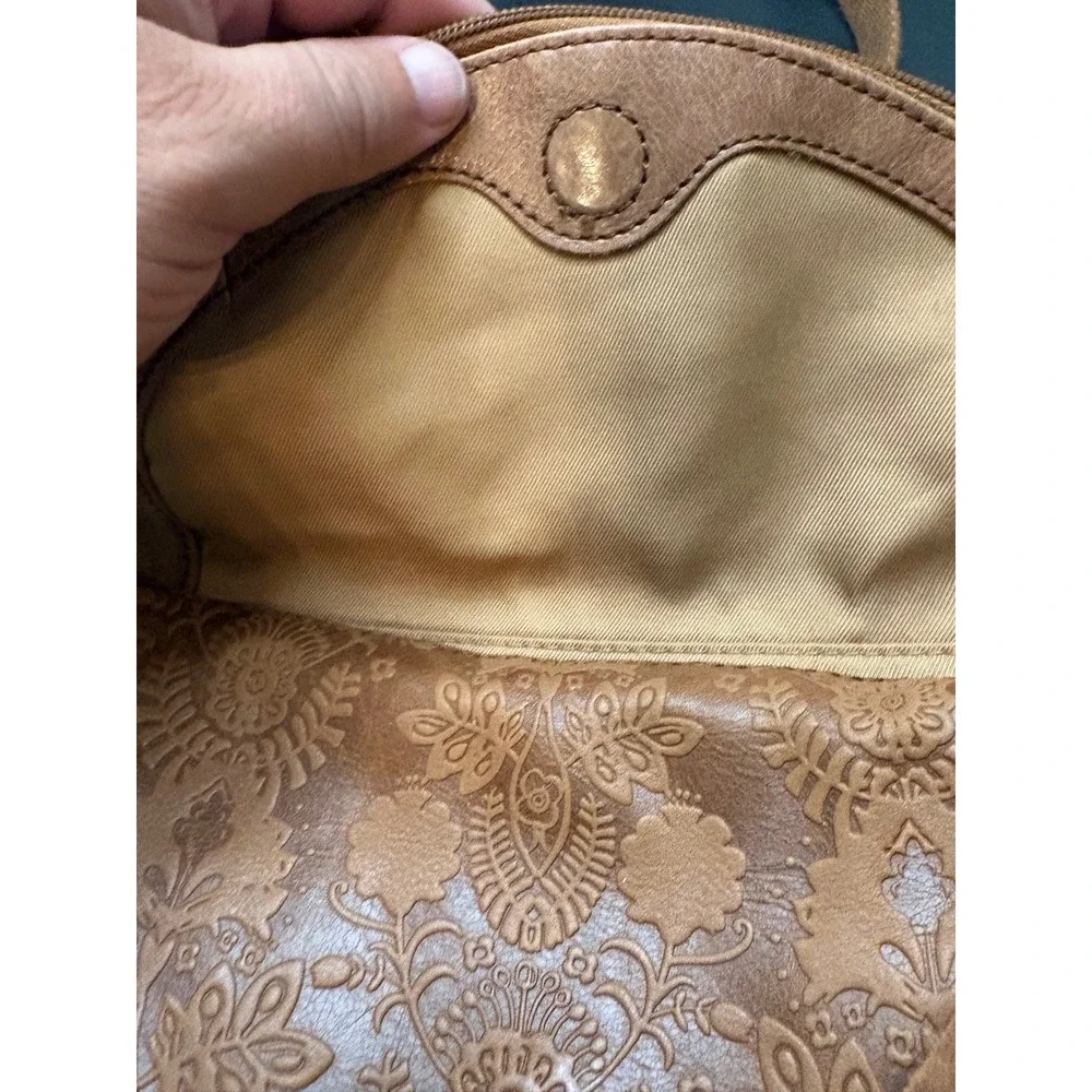 The Sak Tan Leather Embossed Floral Crossbody Bag Studded Boho Messenger